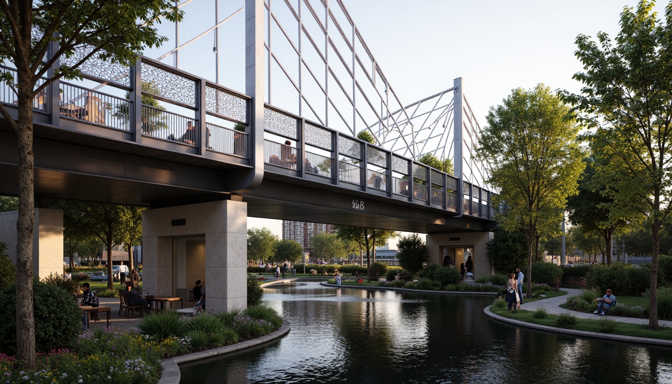 Prompt: \Elegant pedestrian bridge, ornate metal railings, filigree patterns, suspended lanterns, verdant greenery, blooming flowers, tranquil water features, natural stone piers, modern architectural design, sleek cable-stayed structure, warm evening lighting, soft focus effect, shallow depth of field, 1/2 composition, atmospheric perspective, realistic textures, ambient occlusion.\Let me know if you need any adjustments!