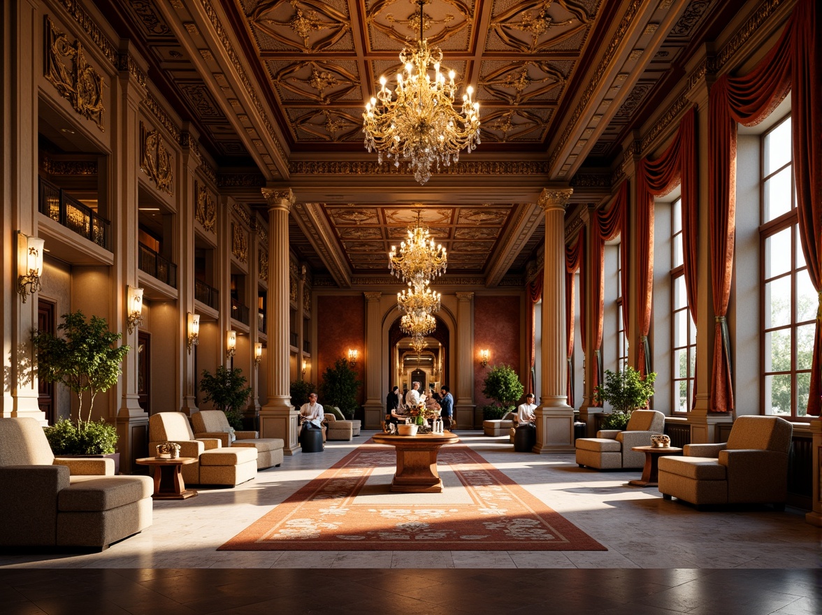 Prompt: Grandiose ballroom, ornate chandeliers, intricately carved wooden panels, gilded mirrors, lavish furnishings, velvet drapes, marble floors, intricate moldings, neoclassical columns, ornamental reliefs, luxurious fabrics, opulent textures, soft warm lighting, shallow depth of field, 1/2 composition, symmetrical view, realistic reflections, ambient occlusion.