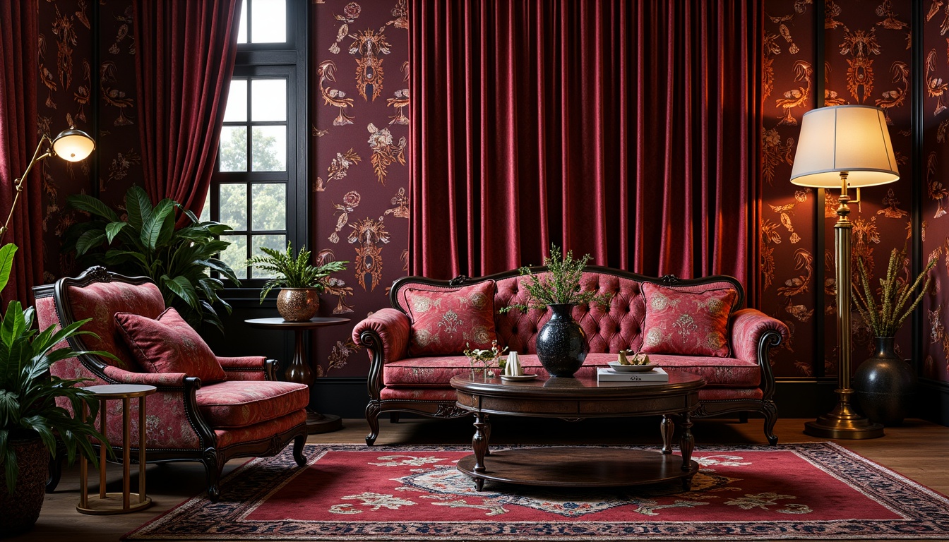 Prompt: Luxurious velvet fabrics, metallic thread embroidery, ornate geometric patterns, rich jewel-toned colors, lavish drapery, opulent tassels, sophisticated upholstery, glamorous silk materials, exotic animal prints, vibrant bold stripes, intricate floral motifs, luxurious faux fur textures, gilded accents, Art Deco inspired typography, 1920s nostalgia, high-contrast lighting, low-angle photography, dramatic shadows, ornate decorative trim, lavish wall coverings, statement piece furniture, opulent interior accessories.