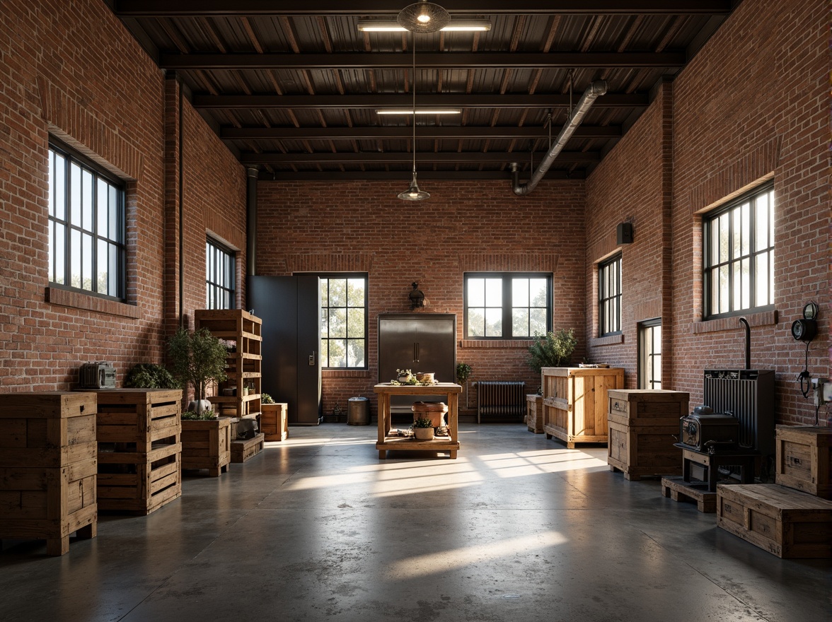 Prompt: Industrial warehouse interior, exposed brick walls, metal beams, polished concrete floors, rustic wooden crates, vintage factory equipment, distressed finishes, earthy color palette, muted tones, weathered steel accents, warm ambient lighting, soft shadows, shallow depth of field, 1/1 composition, realistic textures, subtle color grading.