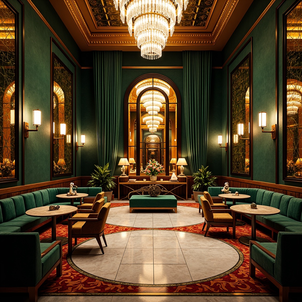 Prompt: Luxurious Art Deco interior, rich jewel-toned walls, metallic accents, ornate geometric patterns, opulent furnishings, velvet drapes, crystal chandeliers, lavish mirrors, bold black outlines, vibrant turquoise, emerald green, amber yellow, fiery red, polished chrome, marble floors, intricate mosaics, high-contrast lighting, dramatic shadows, 1/2 composition, cinematic atmosphere, stylized reflections.