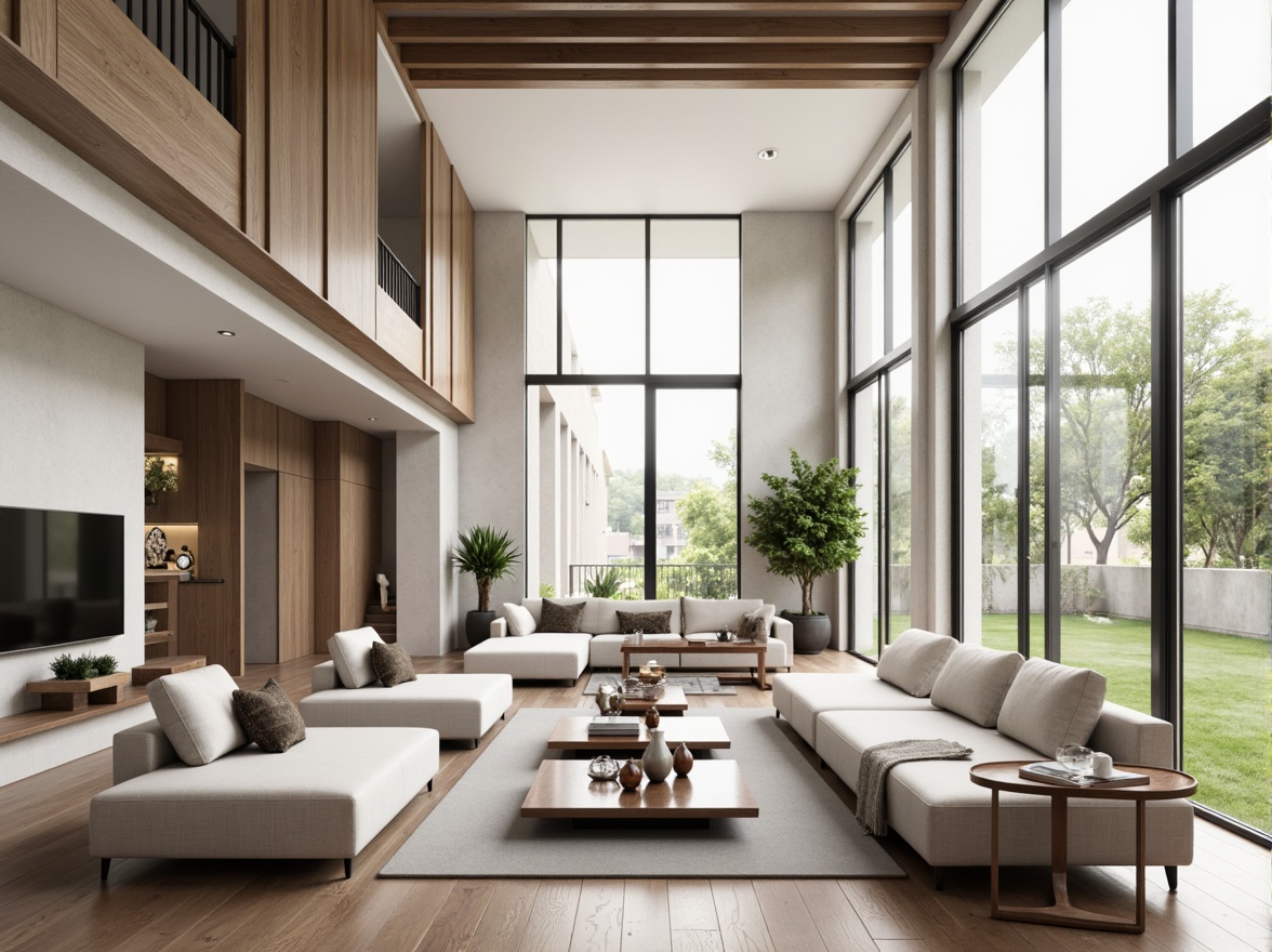 Prompt: Minimalist living room, open-plan layout, high ceilings, large windows, sliding glass doors, natural light flooding, airy atmosphere, sleek modern furniture, low-profile sofas, minimalist coffee tables, potted greenery, wooden flooring, subtle texture contrasts, warm neutral color palette, soft diffused lighting, 1/1 composition, shallow depth of field, realistic rendering.