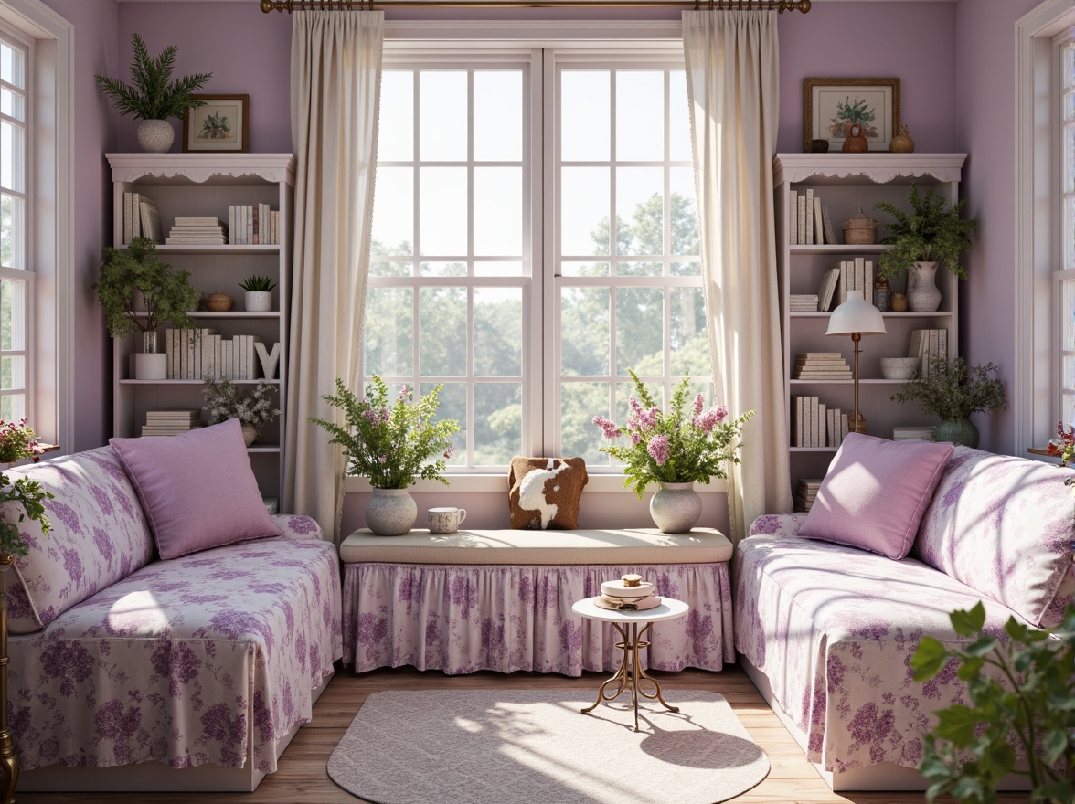 Prompt: Soft lilac hues, pastel purple tones, creamy whites, warm beige accents, delicate florals, whimsical patterns, lace textures, ornate metal details, distressed wood finishes, vintage furniture pieces, cozy reading nooks, lush greenery, natural light filtering, airy atmosphere, relaxed composition, 1/1 aspect ratio, soft focus effect, gentle color grading.