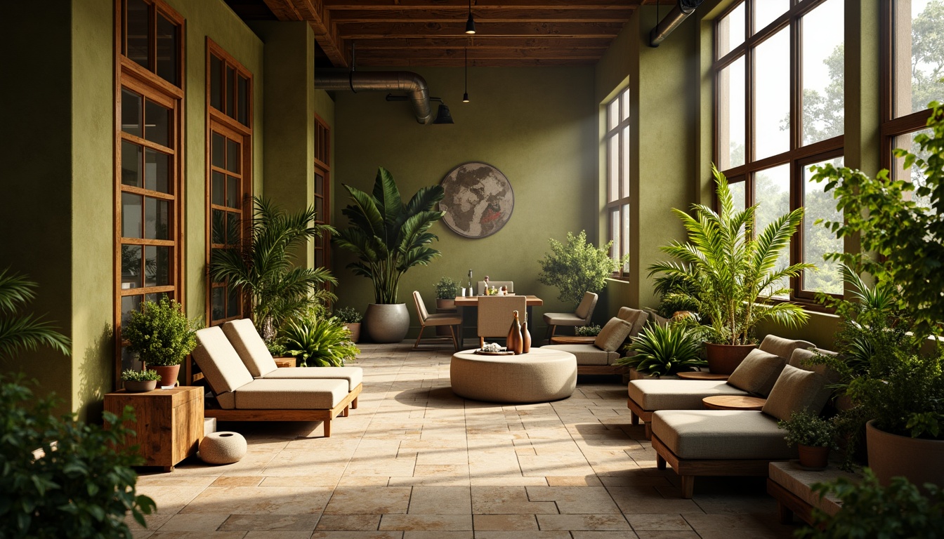 Prompt: Earthy tones, olive green walls, natural stone flooring, reclaimed wood accents, industrial metal beams, modern minimalist decor, lush greenery, vibrant botanicals, warm golden lighting, shallow depth of field, 3/4 composition, soft focus, atmospheric mist, subtle gradient effects.