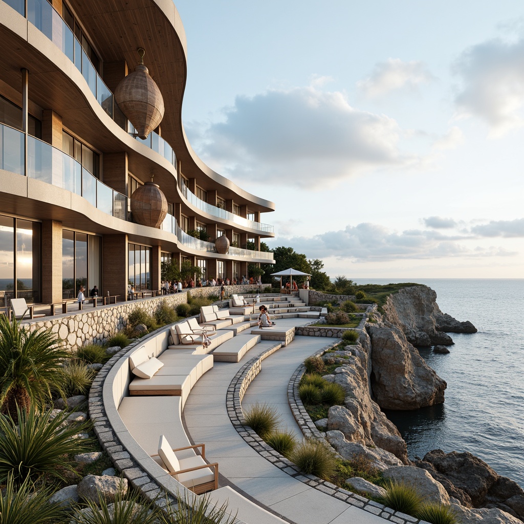 Prompt: Wavy coastal lines, ocean-inspired facade, curved architecture, seaside promenade, amphitheater-style seating, wave-cut stone walls, wooden accents, nautical-themed decorations, glass railings, panoramic ocean views, natural ventilation systems, energy-efficient design, sustainable materials, cantilevered rooflines, dramatic overhangs, beachy color palette, soft warm lighting, shallow depth of field, 2/3 composition, realistic textures, ambient occlusion.