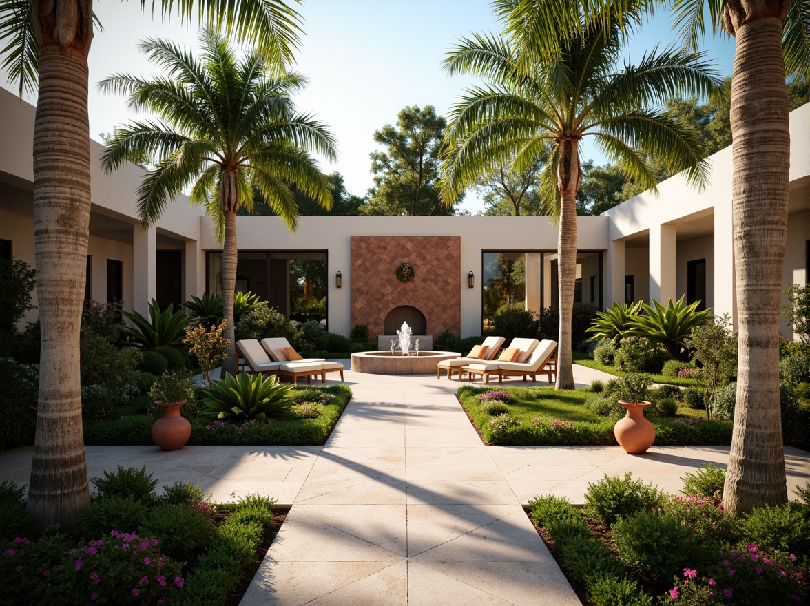 Prompt: Geometric gardens, symmetrical pathways, ornate fountains, tropical palm trees, vibrant hibiscus flowers, luxurious outdoor furniture, metallic accents, art deco patterns, angular hedges, manicured lawns, sun-kissed terracotta pots, elegant statuettes, soft warm lighting, low-angle shots, 1/1 composition, detailed textures, ambient occlusion.