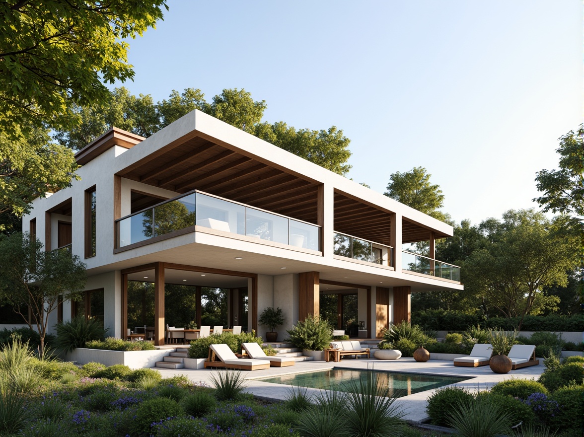 Prompt: Luxurious villa, modern minimalist facade, large windows, sliding glass doors, energy-efficient appliances, solar panels, green roofs, rainwater harvesting systems, grey water reuse, natural ventilation, clerestory windows, insulation materials, double glazing, LED lighting, smart home automation, renewable energy sources, sustainable building materials, eco-friendly interior design, bamboo flooring, recycled wood accents, organic gardens, lush greenery, serene outdoor spaces, warm sunny day, soft natural light, shallow depth of field, 3/4 composition.