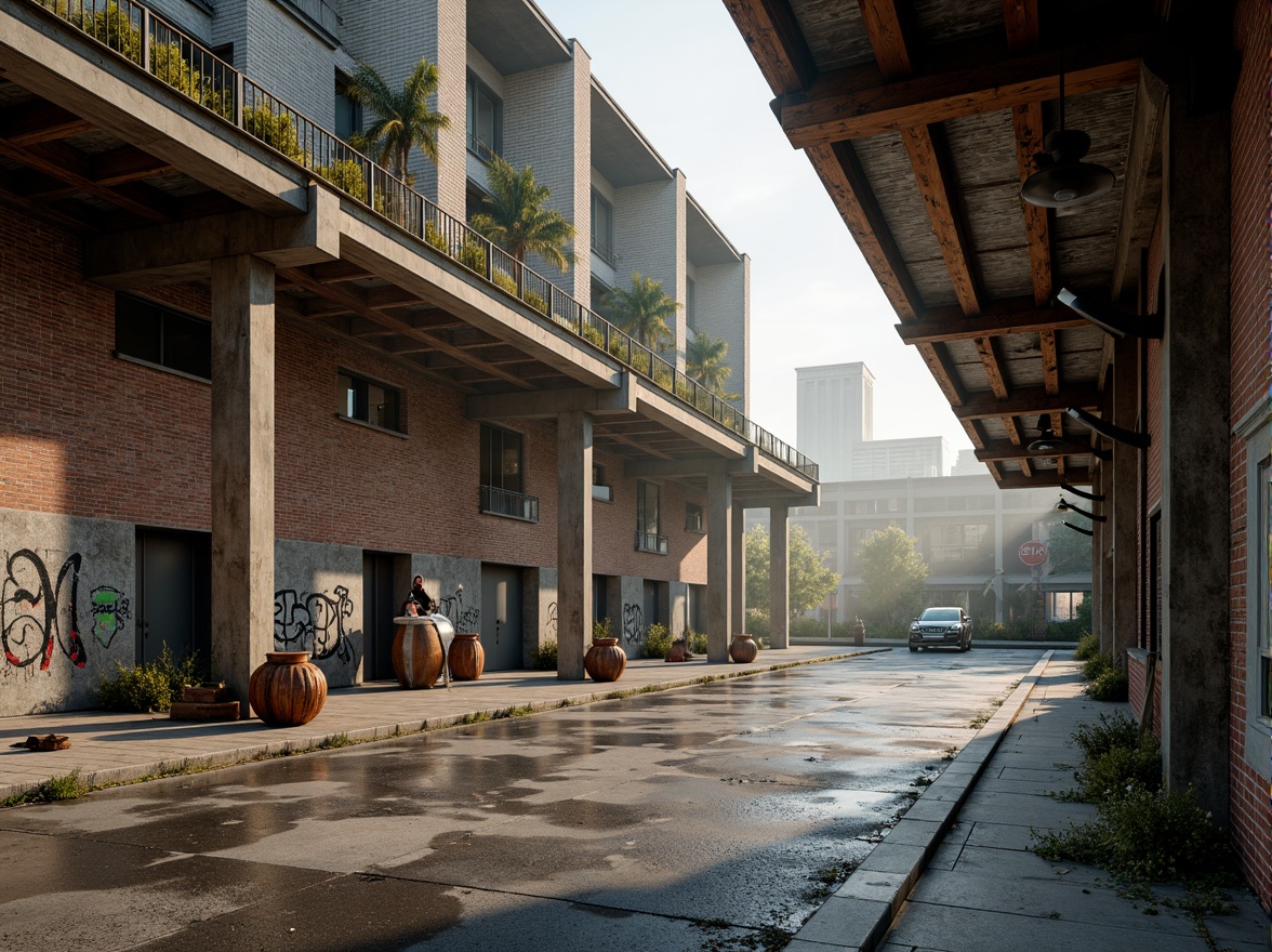 Prompt: Industrial warehouse backdrop, exposed brick walls, metallic accents, weathered wooden beams, corrugated metal roofing, urban cityscape, misty morning atmosphere, soft warm lighting, shallow depth of field, 3/4 composition, realistic textures, ambient occlusion, earthy tones, muted color palette, neutral beige, industrial grey, deep blues, rusty oranges, vibrant yellow accents, abstract graffiti patterns, distressed finishes, reclaimed wood materials.