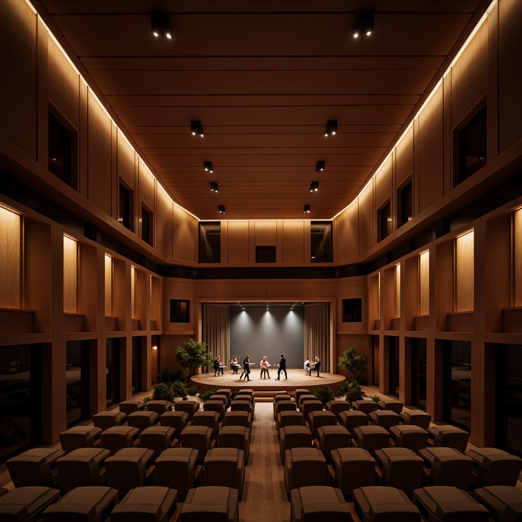 Prompt: Intimate live performance venue, warm wood tones, sound-absorbing panels, curved ceiling design, professional audio equipment, high-fidelity speakers, minimalist seating arrangement, dimmed stage lighting, spotlight on performers, atmospheric ambiance, subtle reverberation, clear sound projection, 1/1 composition, shallow depth of field, realistic textures.