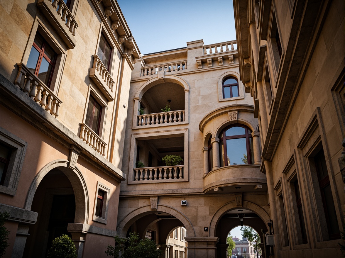 Prompt: Intricate stone carvings, ornate balconies, grand archways, symmetrical facades, rusticated quoins, classical columns, curved pediments, ornamental cornices, richly textured stucco, warm earthy tones, subtle weathering effects, dramatic lighting accents, soft focus atmosphere, shallow depth of field, 2/3 composition, cinematic view, highly detailed textures, ambient occlusion.