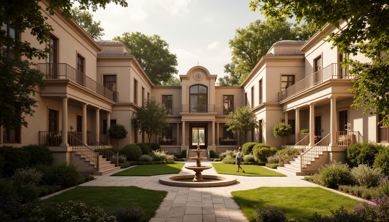 Prompt: Elegant courtyard, manicured lawn, ornate fountains, grand staircases, Corinthian columns, symmetrical architecture, lavish decorations, rich textures, warm golden lighting, soft focus, 1/1 composition, cinematic view, realistic renderings, ambient occlusion, misty atmosphere, subtle color palette, French Renaissance-inspired details, refined ornaments, sophisticated ambiance.