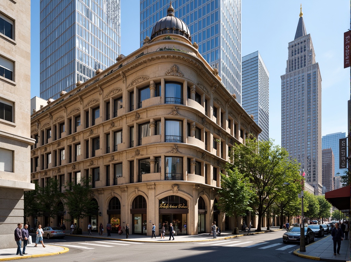 Prompt: Historic bank building, Romanesque architecture, ornate stone carvings, grand archways, stained glass windows, intricate column details, urban cityscape, busy streets, modern skyscrapers, contrasting old and new, vibrant street art, eclectic mix of pedestrians, sunny day, warm natural lighting, shallow depth of field, 1/2 composition, symmetrical framing, realistic textures, ambient occlusion.