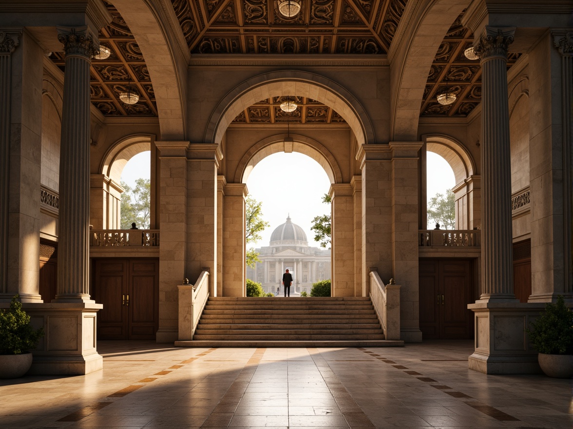 Prompt: Grand monumental entrance, symmetrical archways, imposing stone columns, intricately carved facades, harmonious proportions, balanced compositions, radial axis, mirrored reflections, central domes, ornate details, majestic staircases, ceremonial atmosphere, warm golden lighting, soft focus, shallow depth of field, 1/2 composition, realistic textures, ambient occlusion.