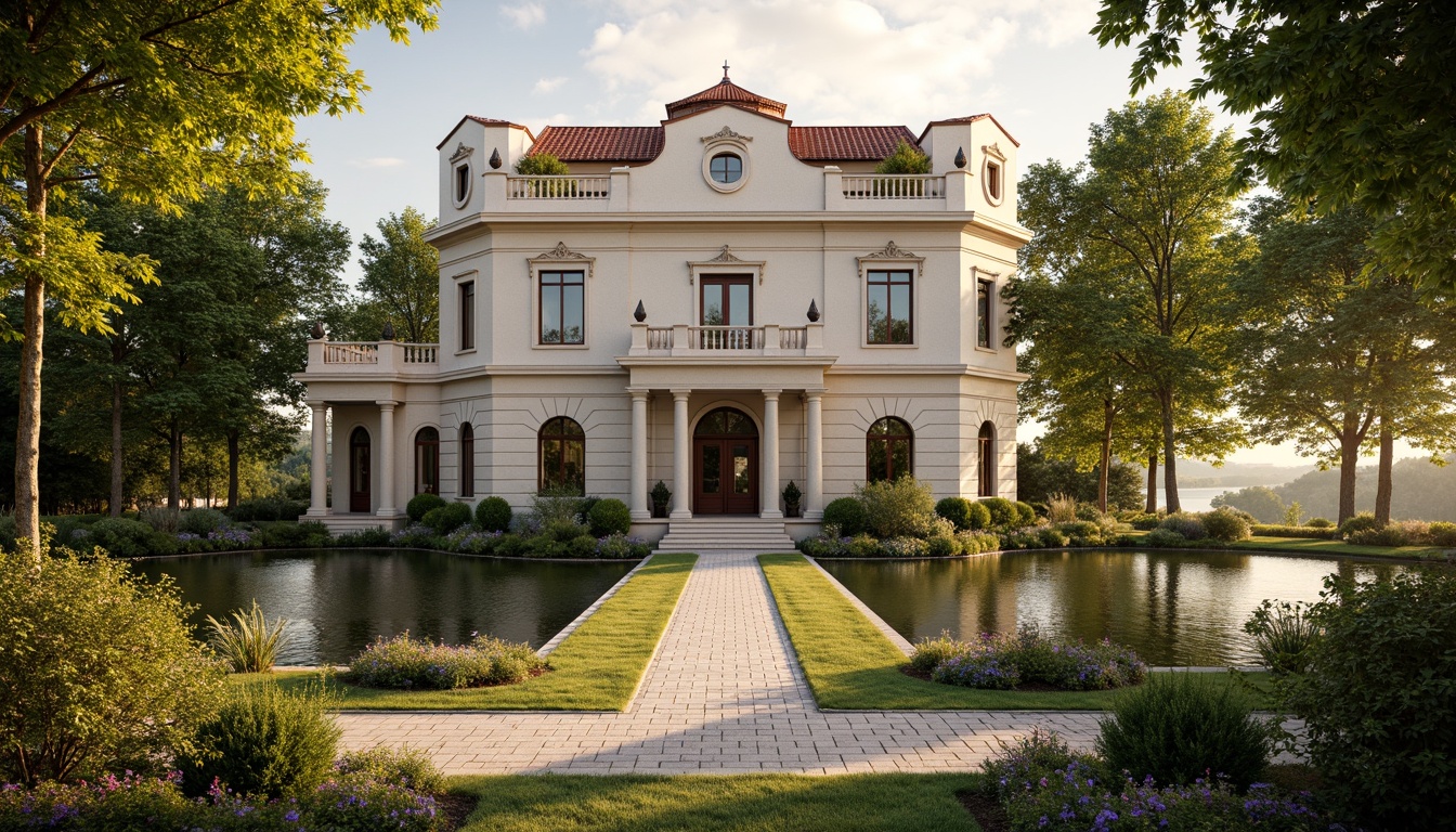 Prompt: Elegant mansion, ornate facade, grand entrance, lavish gardens, serene lake, walking paths, majestic trees, blooming flowers, natural stone walls, classic balustrades, symmetrical architecture, harmonious proportions, soft golden lighting, warm afternoon sun, shallow depth of field, 2/3 composition, panoramic view, realistic textures, ambient occlusion.