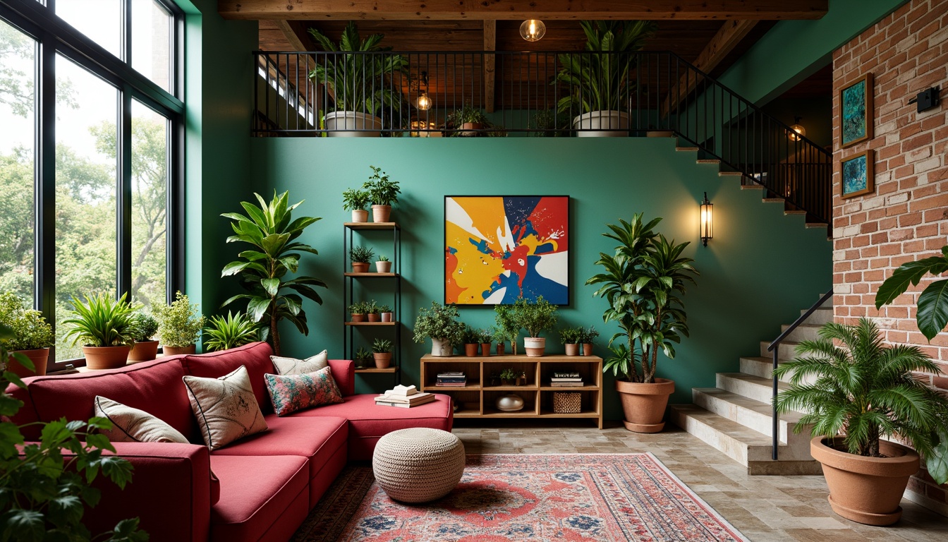 Prompt: Vibrant eclectic apartment, lush green walls, colorful potted plants, reclaimed wood accents, industrial metal railings, distressed brick textures, abstract art murals, bohemian-inspired rugs, mixed patterned throw pillows, Moroccan tiles, natural stone flooring, warm cozy lighting, soft focus photography, shallow depth of field, 1/2 composition, intimate close-ups, realistic textures, ambient occlusion.