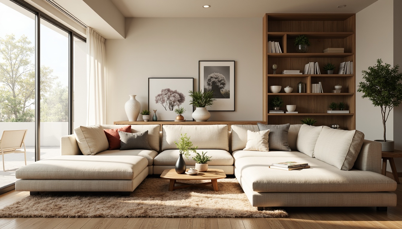 Prompt: Cozy living room, plush sectional sofa, soft cushions, wooden coffee table, minimalist decor, calming color palette, floor-to-ceiling windows, natural light, sheer curtains, airy atmosphere, modern bookshelf, decorative vases, greenery, warm rug, inviting ambiance, 1/1 composition, shallow depth of field, softbox lighting, realistic textures.