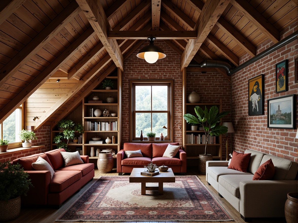 Prompt: Whimsical attic loft, vintage wooden beams, rustic brick walls, cozy reading nooks, plush velvet sofas, eclectic art collections, industrial metal lighting, reclaimed wood shelves, bohemian textiles, natural fiber rugs, warm candlelight, shallow depth of field, 1/2 composition, soft focus effect, realistic renderings, ambient occlusion.