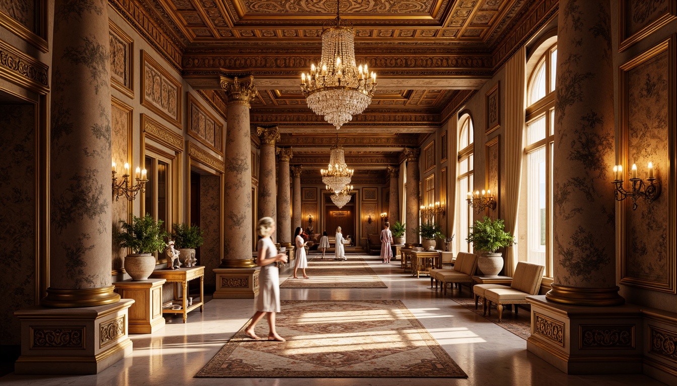 Prompt: Intricate gilded ornaments, ornate carvings, luxurious velvet fabrics, richly polished wooden panels, grandiose crystal chandeliers, majestic marble columns, symmetrical archways, elegant cornices, refined pilasters, decorative friezes, classical statues, intricate moldings, subtle lighting accents, warm golden tones, lavish furnishings, opulent textures, highly detailed renderings, shallow depth of field, 1/1 composition, dramatic spotlighting.