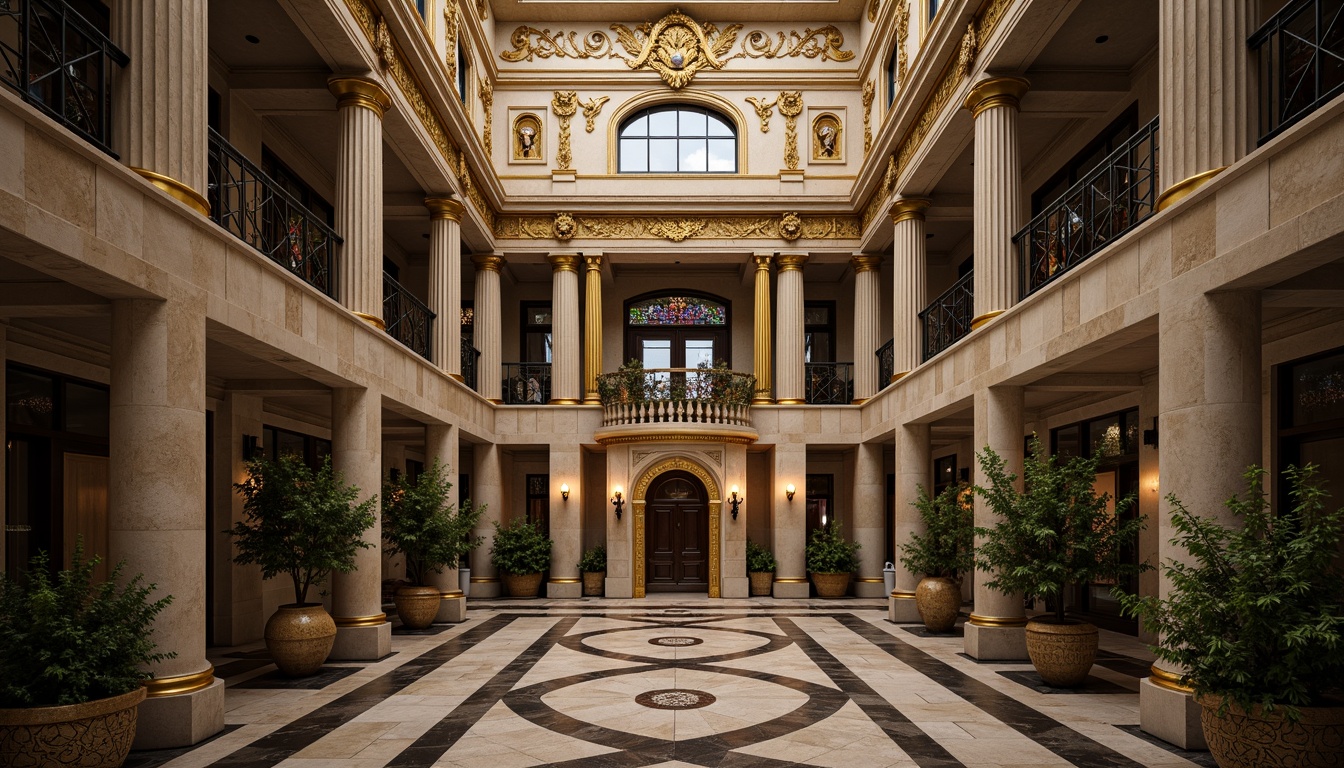 Prompt: Ornate facade, grandiose columns, symmetrical composition, richly textured stone walls, intricate carvings, ornamental moldings, lavish gold accents, stained glass windows, arched doorways, luxurious balconies, subtle classical details, subtle ornateness, soft warm lighting, shallow depth of field, 3/4 composition, realistic textures, ambient occlusion.