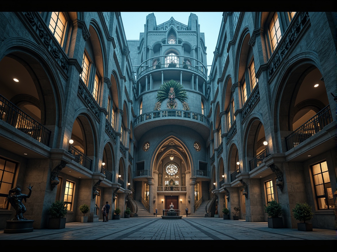 Prompt: Intricate stone carvings, mythical creatures, grotesque features, water spouts, Gothic cathedrals, ornate facades, grand entrances, ribbed vaults, flying buttresses, pointed arches, stained glass windows, mystical ambiance, eerie shadows, dramatic lighting, low-angle composition, atmospheric perspective, mystical textures, subtle color grading.