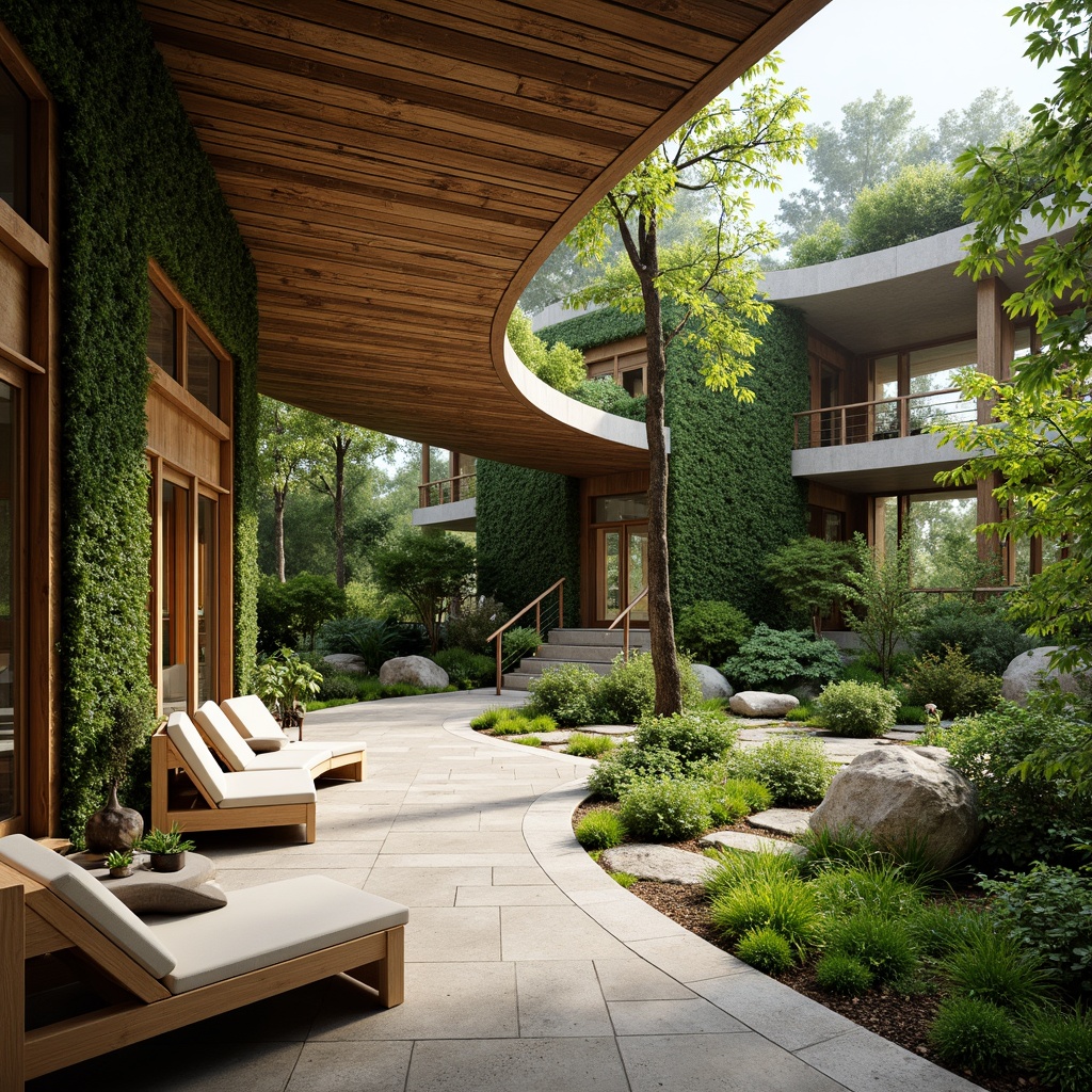 Prompt: Organic futuristic architecture, living walls, green roofs, reclaimed wood accents, bamboo furnishings, natural stone floors, earthy color palette, sustainable materials, eco-friendly design, minimal ornamentation, seamless transitions, curved lines, futuristic lighting, soft ambient glow, shallow depth of field, 1/1 composition, realistic textures, atmospheric perspective.