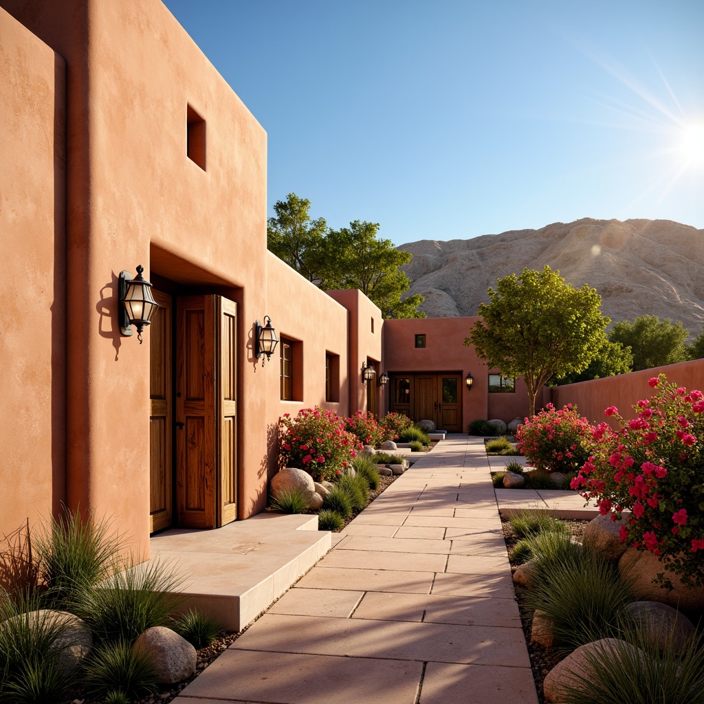 Prompt: Warm adobe architecture, earthy terracotta walls, rustic wooden doors, vintage metal lanterns, lush greenery, vibrant bougainvillea flowers, natural stone pathways, sandy dunes, clear blue sky, warm golden lighting, shallow depth of field, 3/4 composition, panoramic view, realistic textures, ambient occlusion.