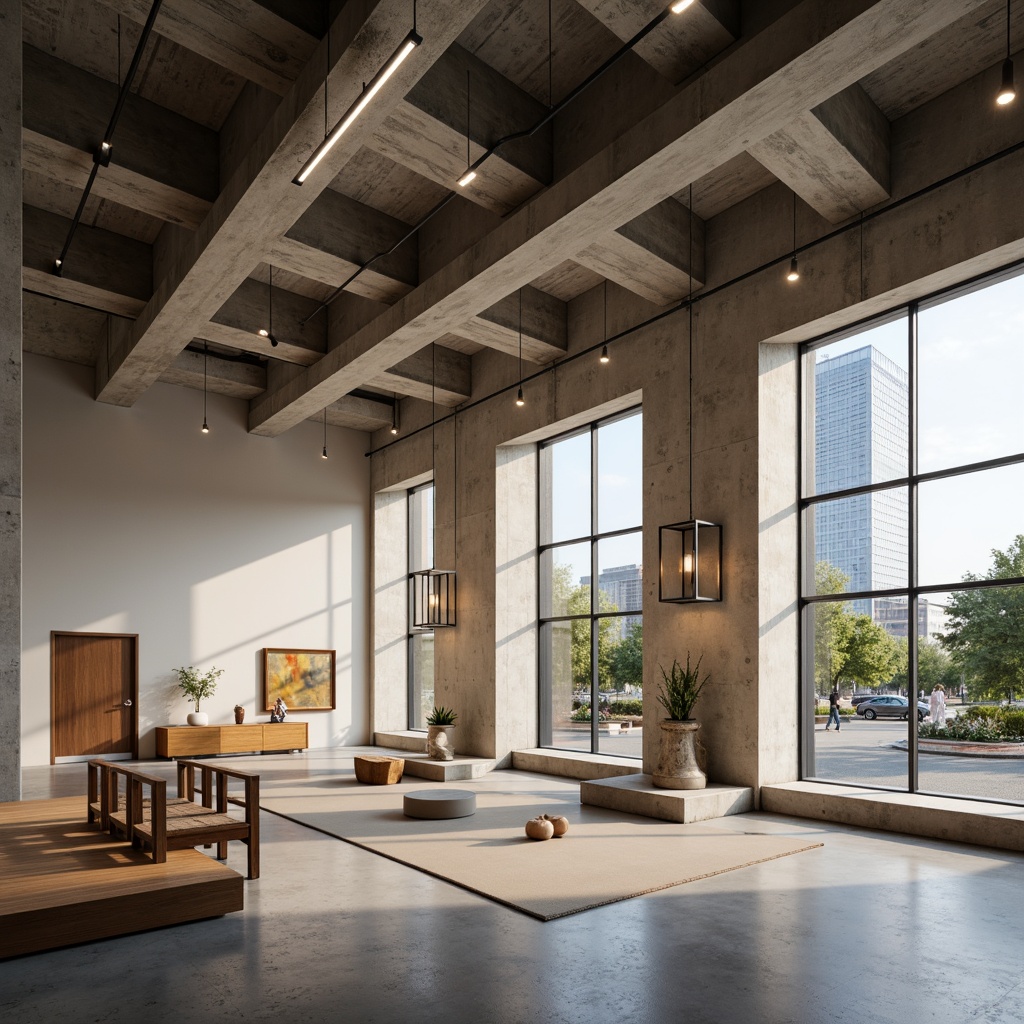 Prompt: Minimalist museum interior, high ceilings, industrial concrete floors, exposed ductwork, large glass windows, natural daylight, warm soft lighting, track lights, suspended fixtures, geometric-shaped lamps, metal accents, wooden furniture, minimalist decor, abstract artwork, neutral color palette, 1/1 composition, shallow depth of field, soft focus, warm color temperature, realistic textures, ambient occlusion.