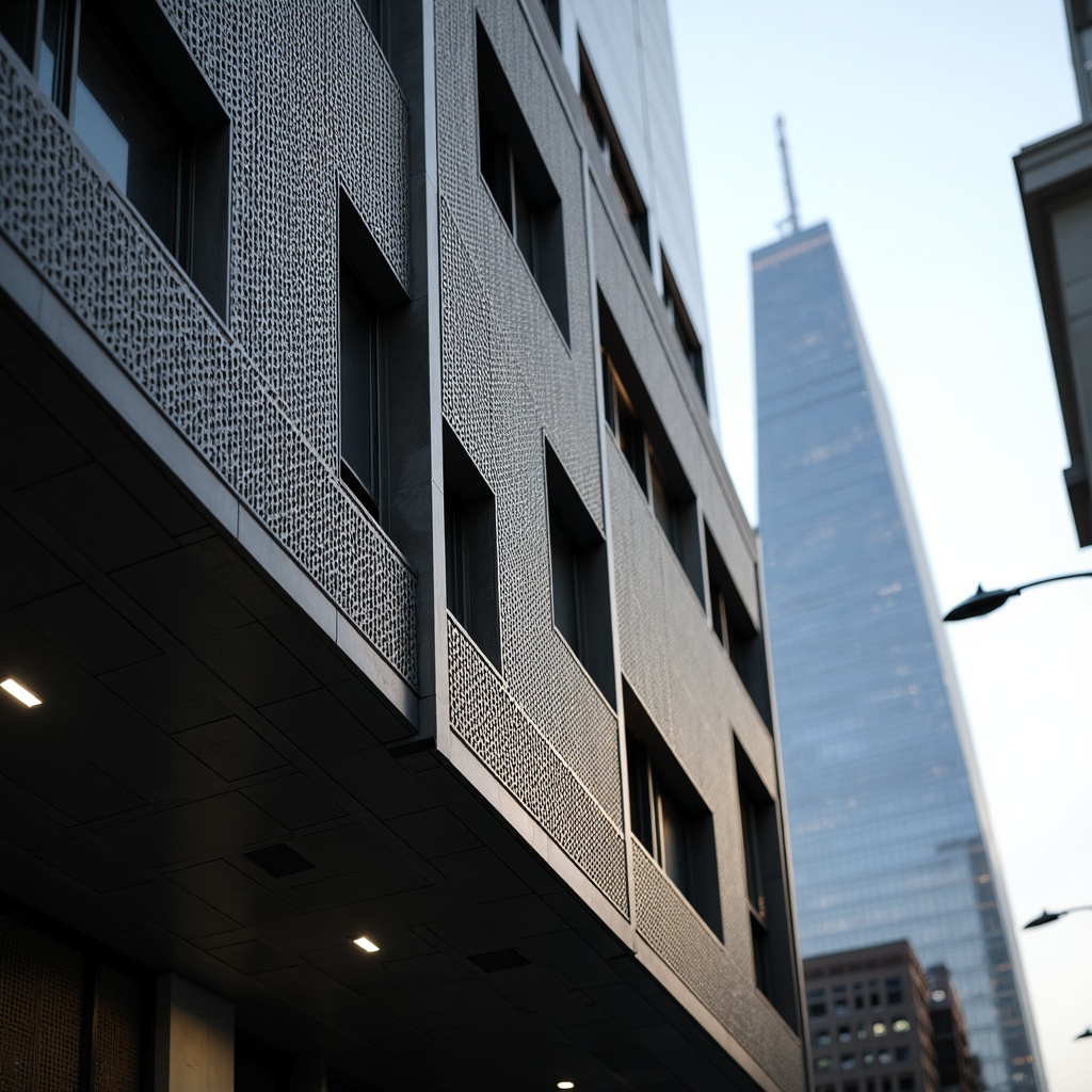 Prompt: Contemporary building facade, perforated metal screens, geometric patterns, natural ventilation, daylight filtering, subtle shading, urban cityscape, sleek skyscraper, minimalist architecture, industrial materials, modern aesthetics, abstract textures, soft ambient lighting, shallow depth of field, 1/1 composition, realistic reflections, atmospheric perspective.