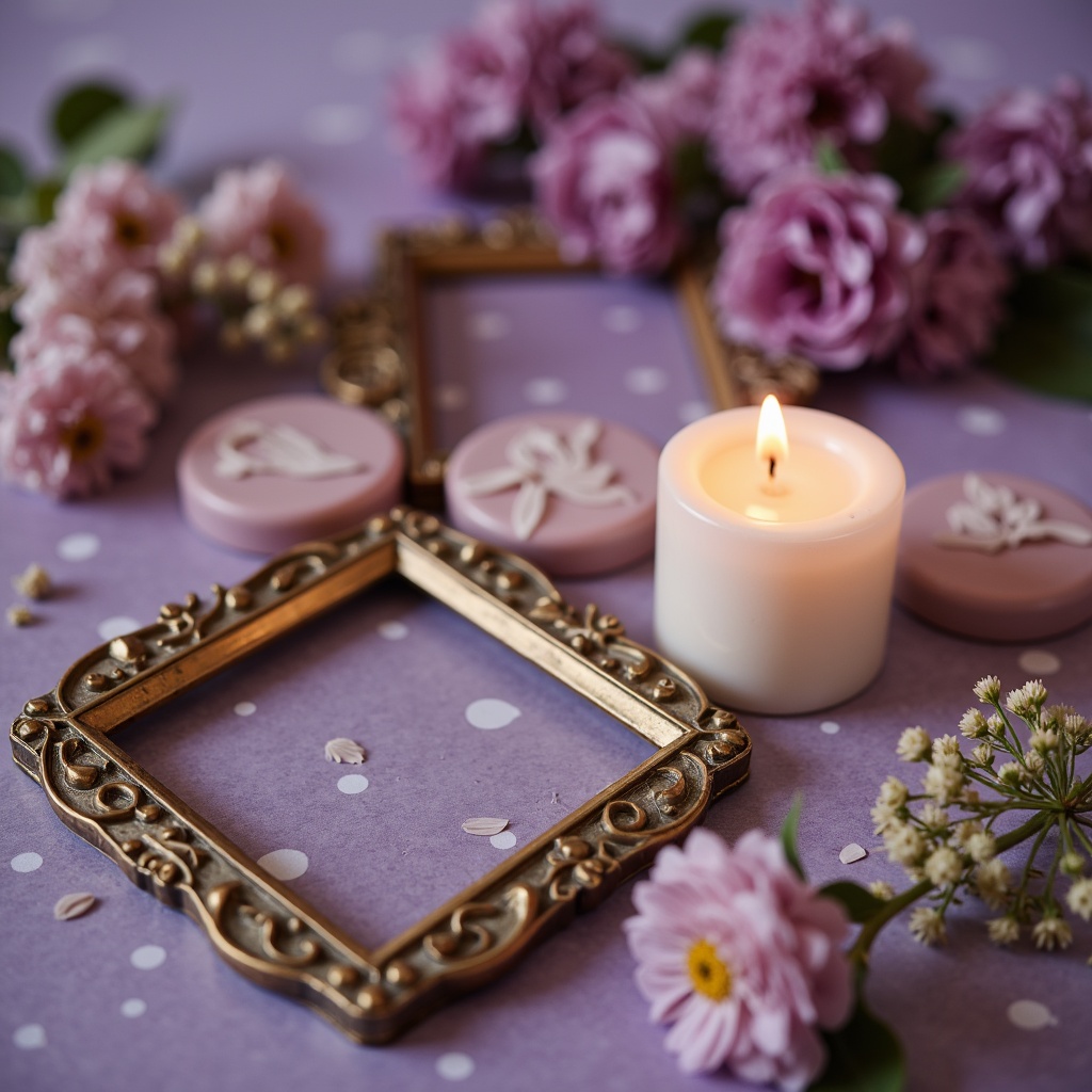 Prompt: Whimsical lilac hues, soft pastel shades, delicate floral patterns, vintage ornate frames, distressed wood textures, romantic candlelit ambiance, warm golden lighting, shallow depth of field, 1/1 composition, intimate close-up shots, gentle bokeh effects, subtle gradient overlays.