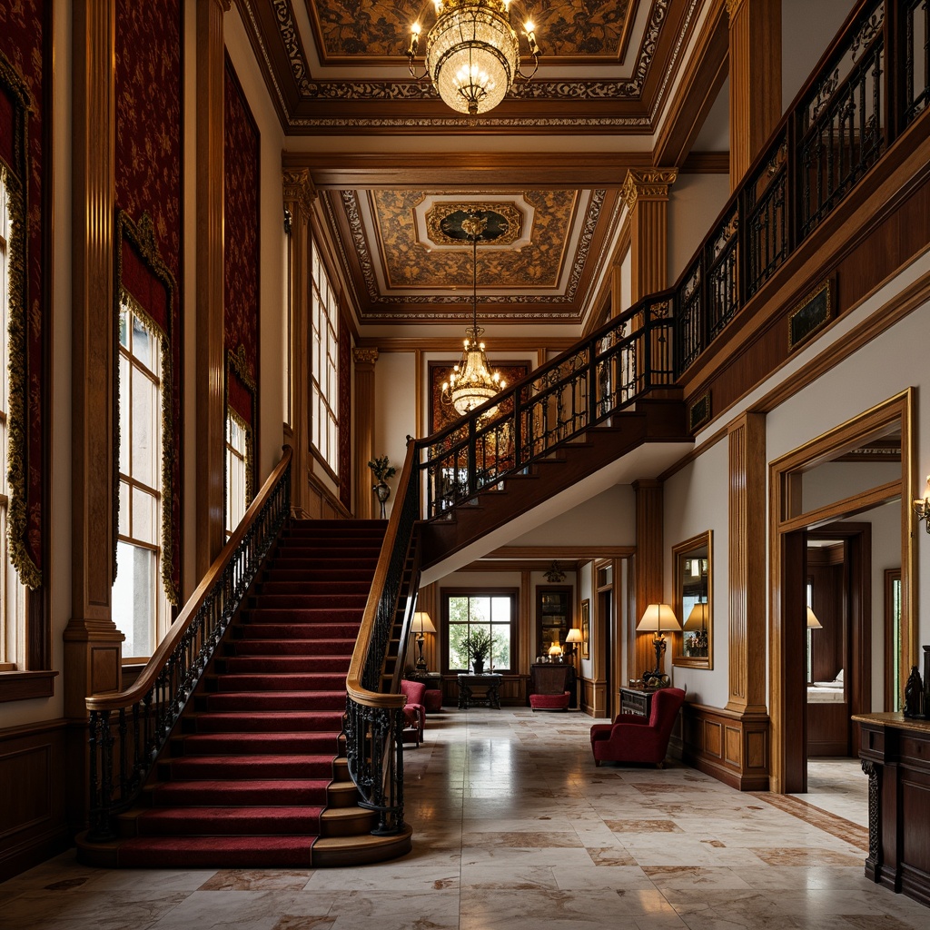 Prompt: Richly ornamented grand staircase, intricately carved wooden banisters, lavish gold leaf accents, ornate mirrors, crystal chandeliers, velvet drapes, luxurious marble floors, classic columns, intricate moldings, subtle warm lighting, shallow depth of field, 1/1 composition, realistic textures, ambient occlusion.