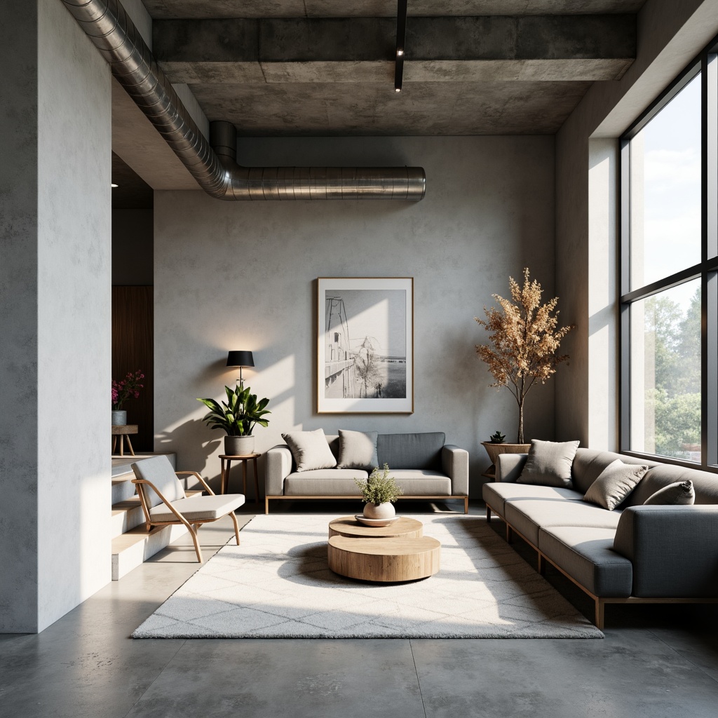 Prompt: Monochromatic interior, sleek lines, matte surfaces, subtle texture contrasts, natural light, airy atmosphere, sparse decor, industrial materials, polished concrete floors, exposed ductwork, minimalist furniture, low-profile sofas, geometric patterns, neutral color palette, soft warm lighting, shallow depth of field, 1/1 composition, realistic textures, ambient occlusion.