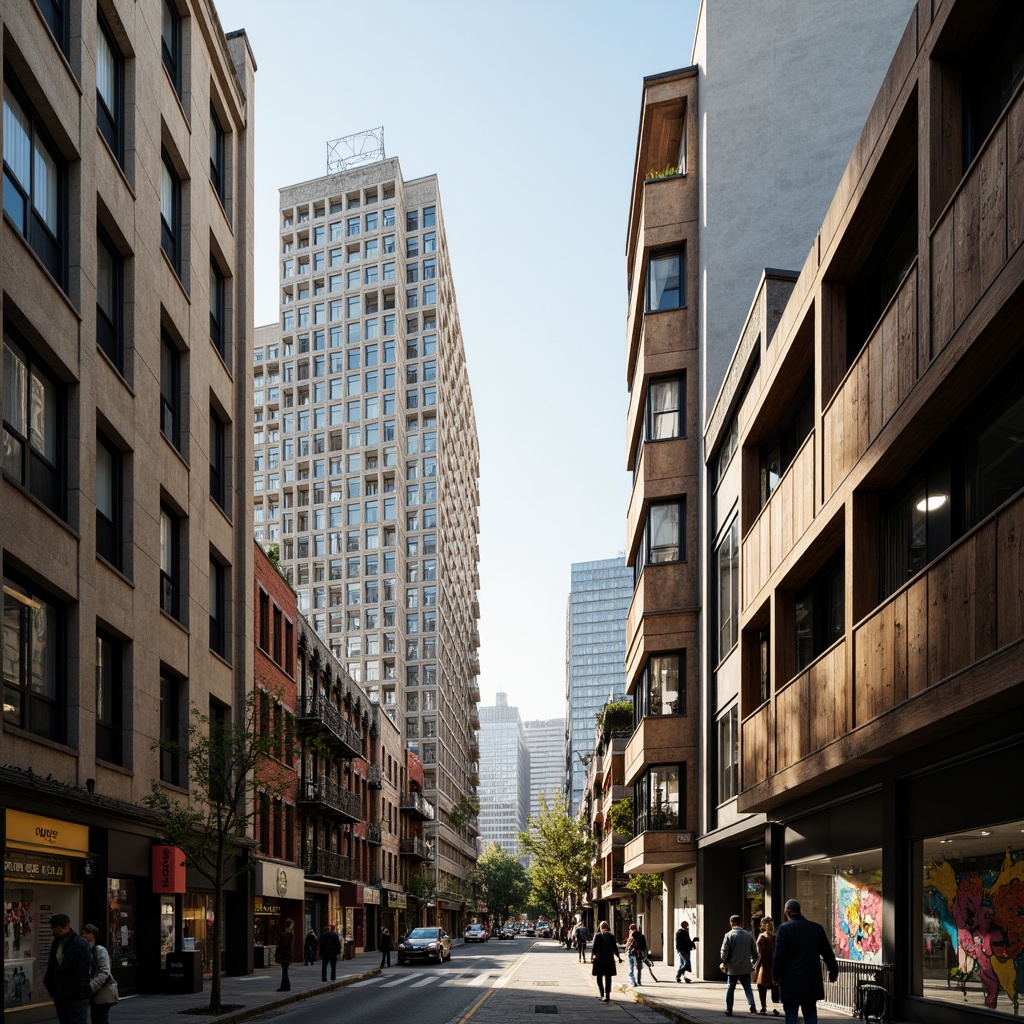 Prompt: Urban cityscape, concrete high-rise buildings, brutalist architecture, industrial materials, exposed ductwork, metal beams, reclaimed wood accents, vibrant street art, bustling streets, daytime traffic, warm sunlight, soft shadows, 1/2 composition, symmetrical framing, shallow depth of field, cinematic lighting, gritty textures, atmospheric fog.