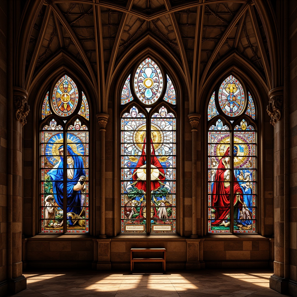 Prompt: Vibrant stained glass windows, kaleidoscope colors, intricate patterns, ornate details, Gothic architecture, majestic cathedrals, spiritual ambiance, mystical aura, luminous lighting, warm golden tones, rich textures, delicate fragility, artistic craftsmanship, symbolic imagery, divine inspiration, heavenly beauty, serene atmosphere, soft natural light, 1/1 composition, shallow depth of field, realistic reflections.