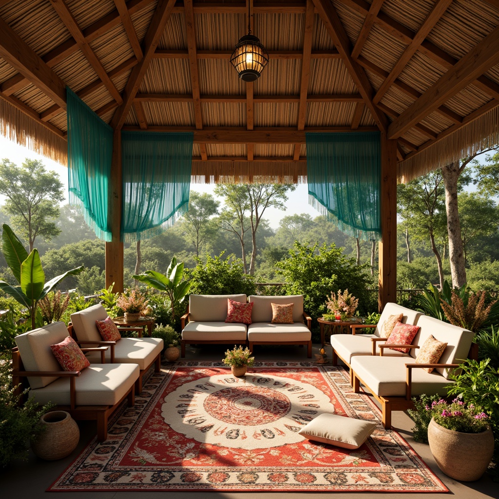 Prompt: Vibrant pavilion, exotic floral arrangements, warm beige tones, rich turquoise accents, lush greenery surroundings, natural wood textures, intricate patterns on fabrics, eclectic bohemian style, whimsical lanterns, soft golden lighting, shallow depth of field, 3/4 composition, realistic rendering, ambient occlusion.