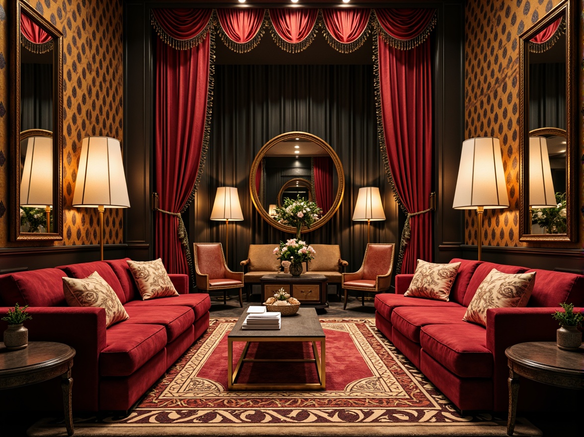 Prompt: Luxurious Art Deco interior, opulent fabrics, velvety soft upholstery, metallic thread embroidery, geometric patterned rugs, lavish drapery, beaded fringe trim, ornate tassels, rich jewel-toned colors, sumptuous velvet pillows, intricate floral motifs, bold chevron patterns, glamorous Hollywood Regency style, luxurious silk wallpapers, ornamental mirrors, elegant chrome accents, sophisticated ambient lighting, high-contrast shadows, dramatic perspectives, 3/4 composition, realistic textures, atmospheric rendering.