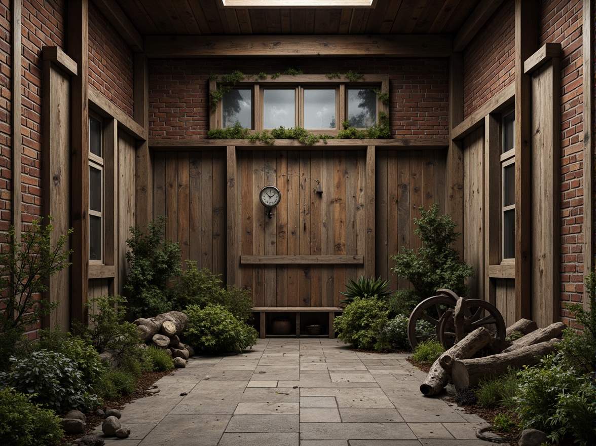 Prompt: Rustic wooden planks, weathered stone walls, moss-covered bricks, distressed metal panels, vintage machinery parts, worn concrete floors, rough-hewn logs, earthy tones, natural textures, organic patterns, intricate details, high-contrast lighting, dramatic shadows, realistic normal maps, detailed bump mapping, atmospheric perspective, cinematic composition.