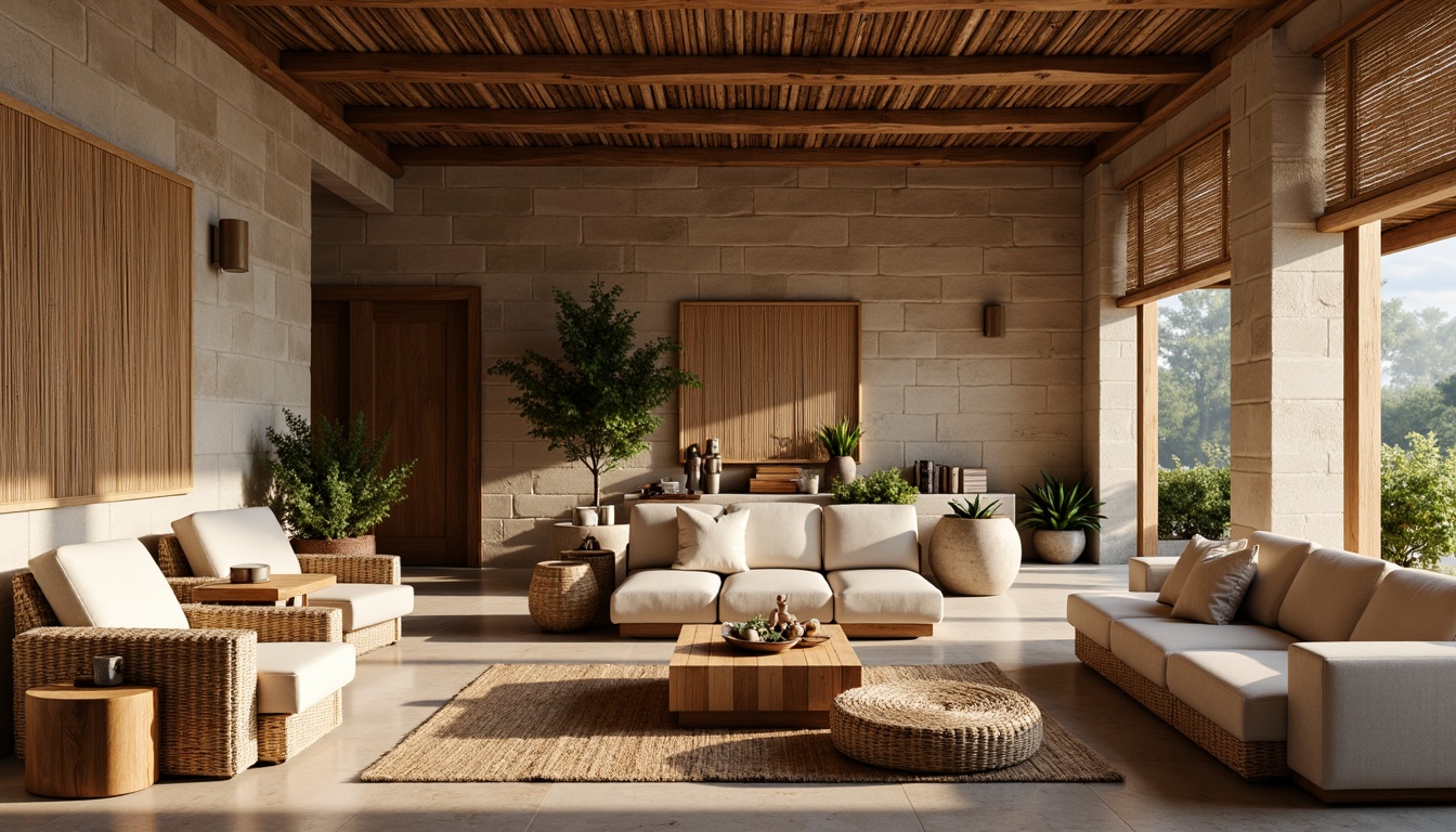 Prompt: Earth-toned wooden accents, natural stone walls, woven wicker furniture, organic linen upholstery, reclaimed wood flooring, bamboo ceiling panels, rattan decorative screens, earthy color palette, warm soft lighting, cozy atmospheric ambiance, rustic country charm, eco-friendly sustainable design, minimal ornamentation, simple clean lines, functional simplicity, handcrafted artisanal details.