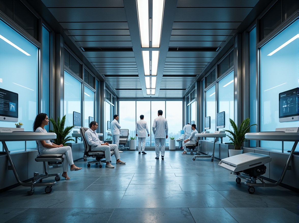 Prompt: Futuristic hospital interior, sleek metal beams, polished chrome accents, soft ambient glow, LED light strips, minimalist nurse stations, holographic displays, virtual reality recovery rooms, calming blue hues, gentle warm illumination, shallow depth of field, 1/1 composition, cinematic lighting, realistic reflections, subtle gradient effects, sterilized equipment, futuristic medical machinery, automated sliding doors, panoramic view, modern waiting areas, comfortable seating, natural stone flooring.