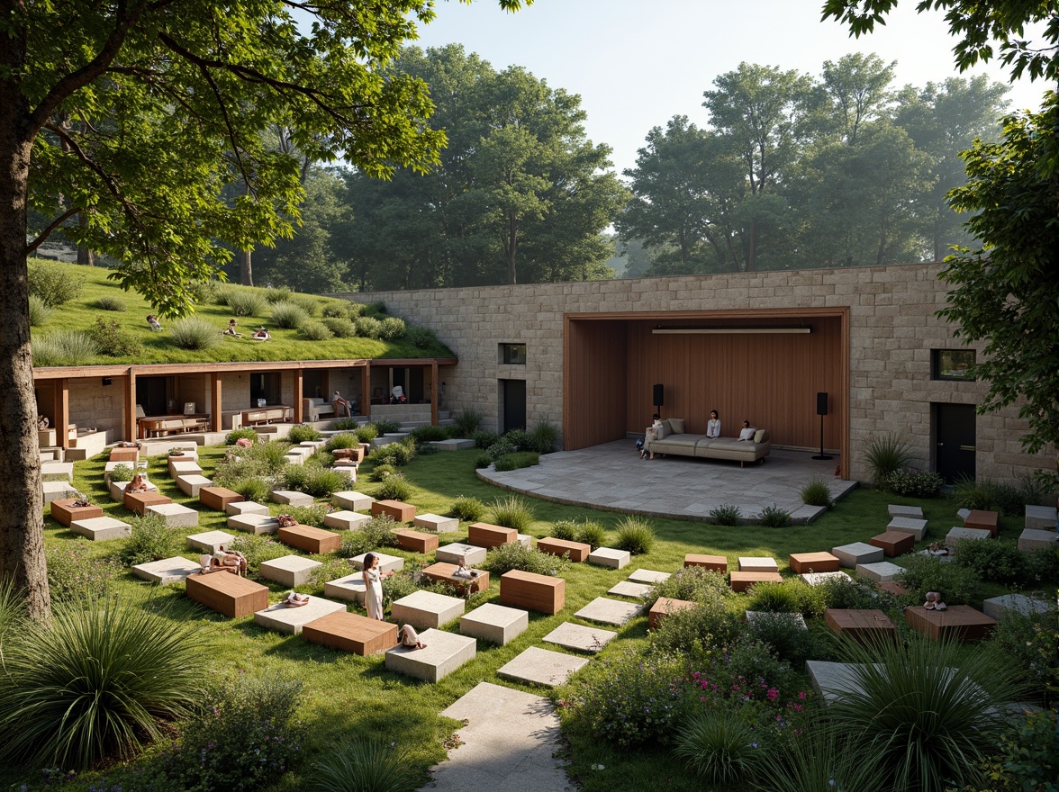 Prompt: Natural amphitheater setting, lush greenery, tiered seating, curved rows, focal point stage, warm wooden accents, rusticated stone walls, acoustic panels, sound-absorbing materials, resonant frequencies, harmonious reflections, clear line of sight, optimal speaker placement, directional sound propagation, audience engagement, immersive experience, sunny day, soft natural lighting, 3/4 composition, panoramic view, realistic textures, ambient occlusion.