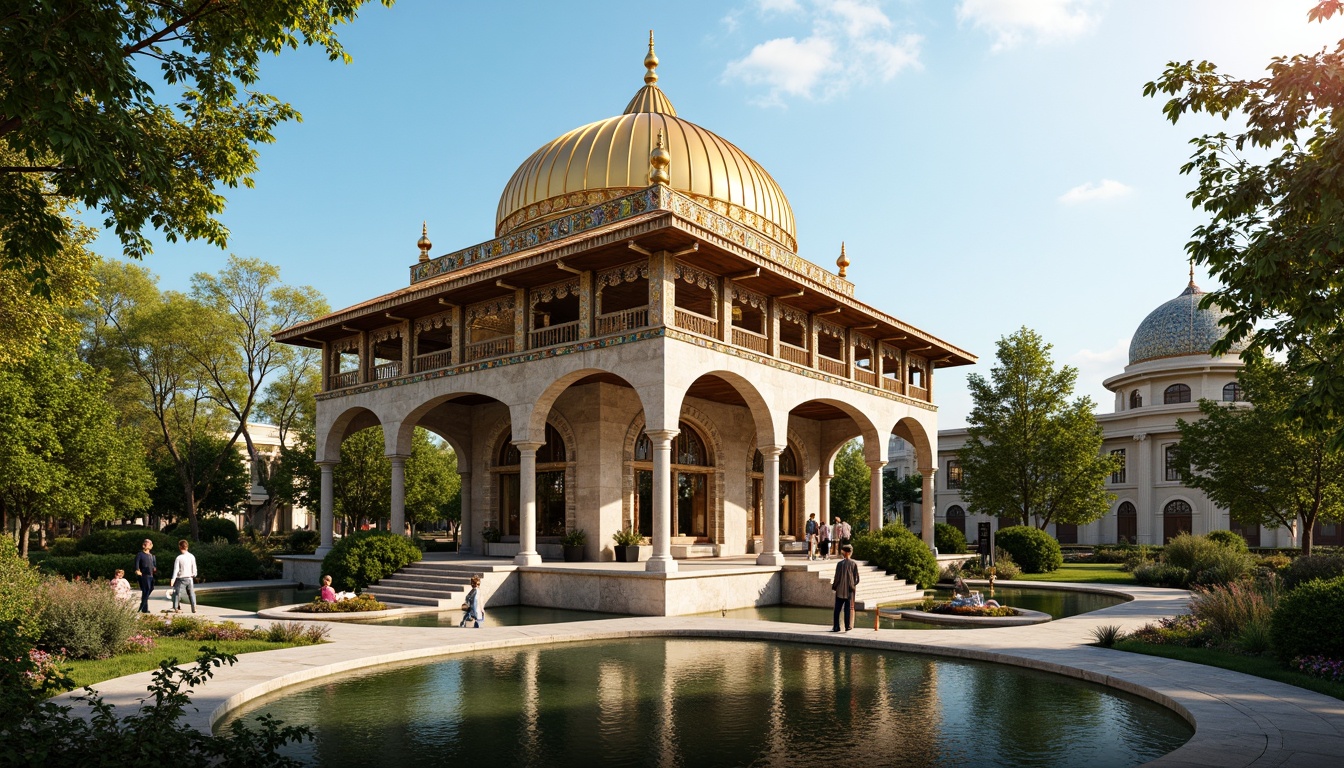 Prompt: Ornate pavilion, Byzantine architectural style, intricately carved stone facades, golden domes, vibrant mosaic patterns, ornamental arches, delicate filigree details, lush greenery surroundings, tranquil water features, warm sunny day, soft natural lighting, shallow depth of field, 1/1 composition, realistic textures, ambient occlusion.