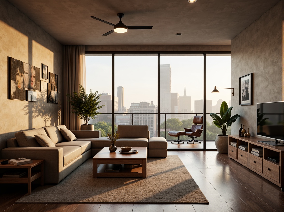 Prompt: Cozy living room, minimalist decor, soft warm lighting, comfortable sofas, wooden coffee tables, modern TV stands, floor-to-ceiling windows, urban city views, natural stone walls, polished hardwood floors, functional modular furniture, ergonomic chairs, built-in shelving units, hidden storage compartments, ambient occlusion, shallow depth of field, 1/2 composition, panoramic view, realistic textures.