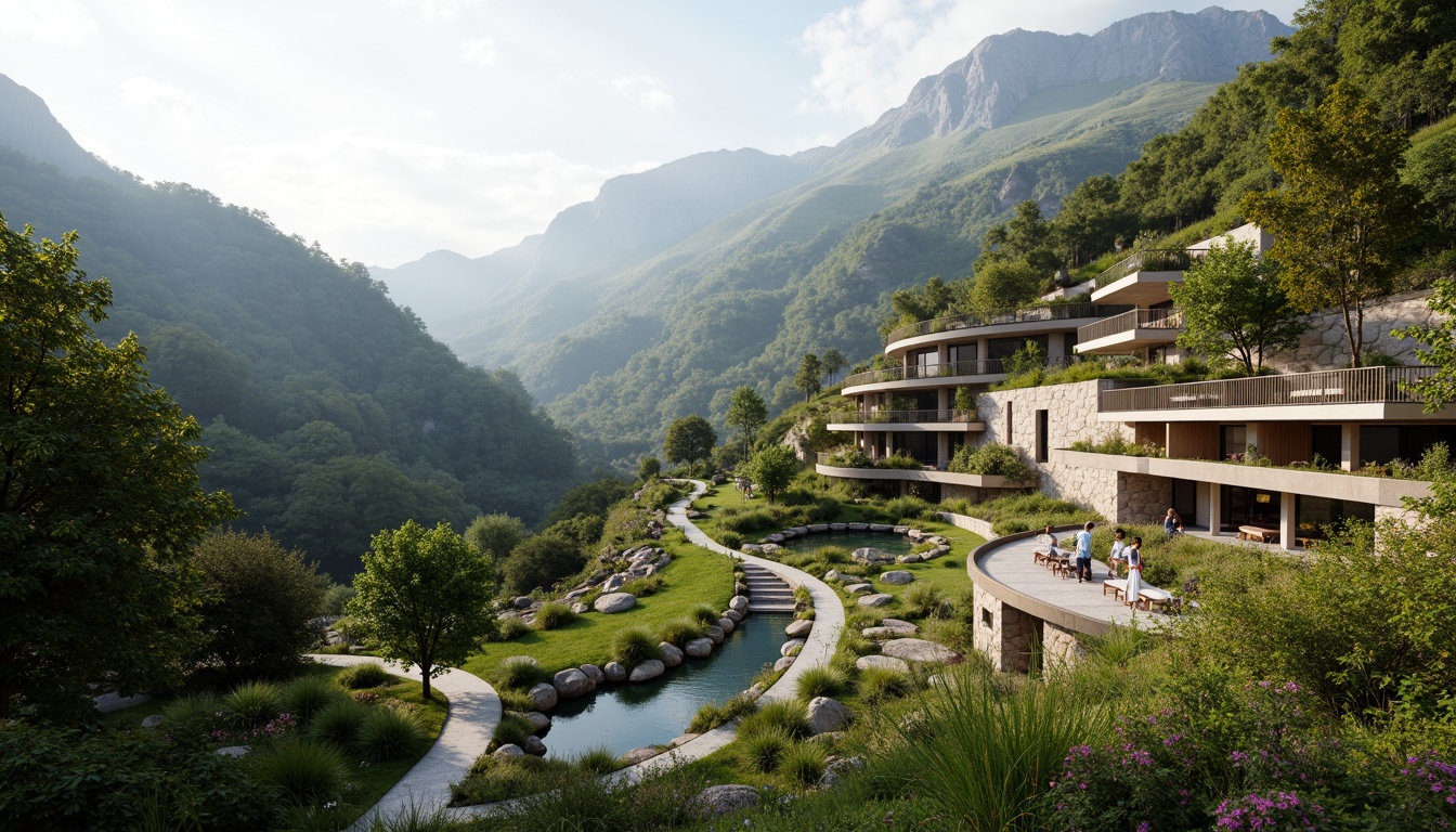 Prompt: Mountainous backdrop, lush vegetation, winding trails, scenic overlooks, modern architectural integration, harmonious blending, natural stone walls, wooden accents, curved lines, cantilevered structures, green roofs, living walls, water features, reflecting pools, ornamental fountains, surrounding hills, misty atmosphere, warm soft lighting, shallow depth of field, 2/3 composition, cinematic view, realistic textures, ambient occlusion.