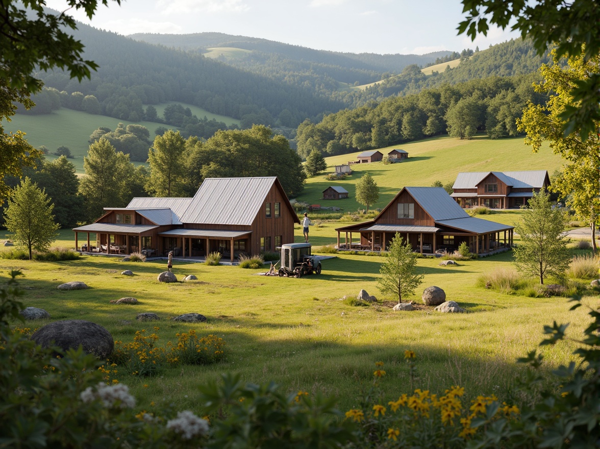 Prompt: Rustic rural landscape, rolling hills, green pastures, traditional barns, wooden structures, corrugated metal roofs, vintage farm equipment, haystacks, windmills, solar panels, rainwater harvesting systems, composting toilets, reclaimed wood accents, natural ventilation, earthy color palette, soft warm lighting, shallow depth of field, 3/4 composition, panoramic view, realistic textures, ambient occlusion.