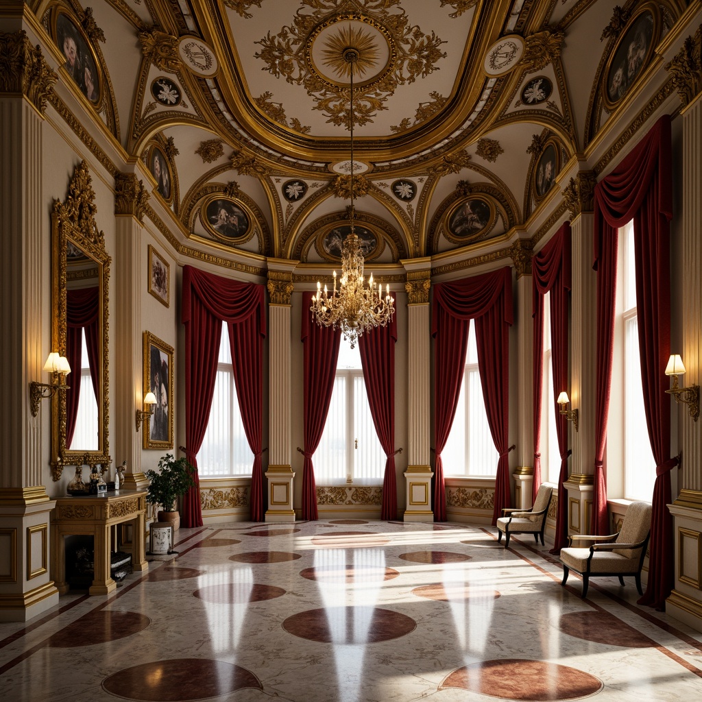 Prompt: Intricate carvings, gilded ornaments, grandiose columns, ornate mirrors, lavish chandeliers, rich velvet drapes, marble floors, ornamental moldings, intricate stucco work, classical proportions, symmetrical compositions, warm golden lighting, soft focus, shallow depth of field, 2/3 composition, realistic textures, ambient occlusion.