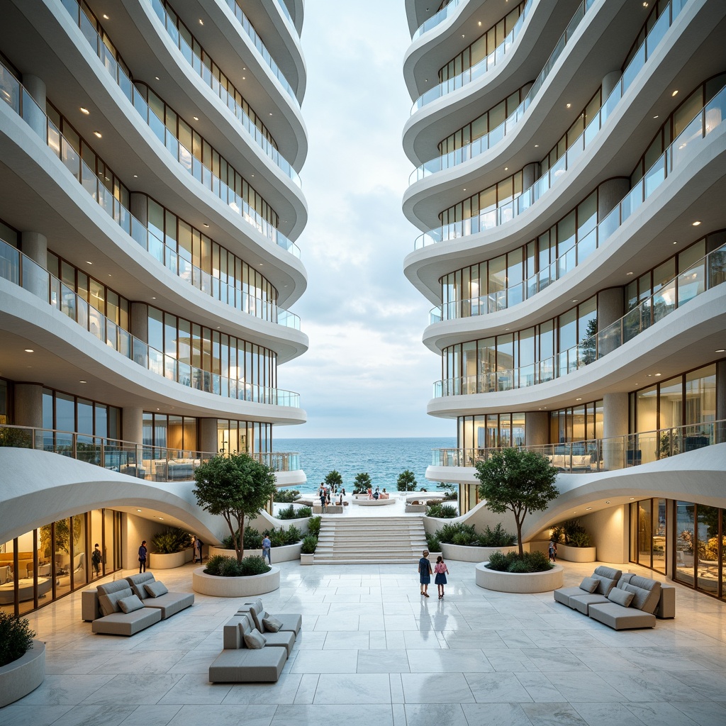 Prompt: Wave-shaped facade, undulating lines, nautical-inspired architecture, ocean-facing views, grand staircase, sweeping curves, white marble surfaces, floor-to-ceiling windows, transparent glass railings, elegant balconies, seashell-inspired patterns, pearlescent finishes, soft blue-green color palette, natural stone textures, driftwood accents, subtle wave motifs, dramatic spotlights, warm golden lighting, shallow depth of field, 1/2 composition, symmetrical balance, ornate details, luxurious materials.