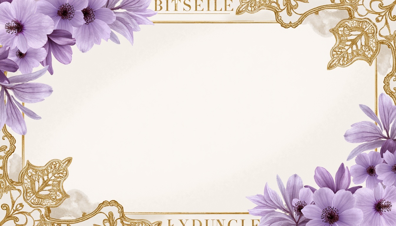 Prompt: Soft lilac hues, pastel purple tones, delicate florals, whimsical illustrations, dreamy watercolor textures, creamy whites, warm beige accents, luxurious velvets, intricate lace patterns, ornate gold details, elegant typography, feminine sophistication, vintage romance, soft natural lighting, airy atmosphere, 1/1 composition, shallow depth of field, realistic renderings.