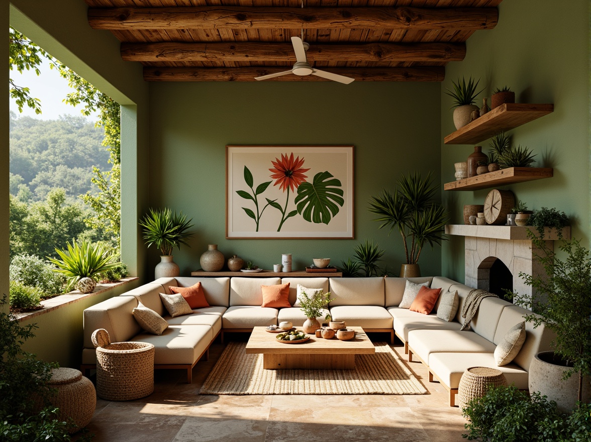 Prompt: Earthy tones, olive green walls, rustic wooden accents, natural stone floors, warm beige furniture, soft golden lighting, lush greenery, vibrant botanical prints, woven textiles, organic shapes, earthy ceramics, moss-covered stones, overgrown gardens, whimsical illustrations, watercolor effects, dreamy atmosphere, shallow depth of field, 1/1 composition, intimate warm lighting.