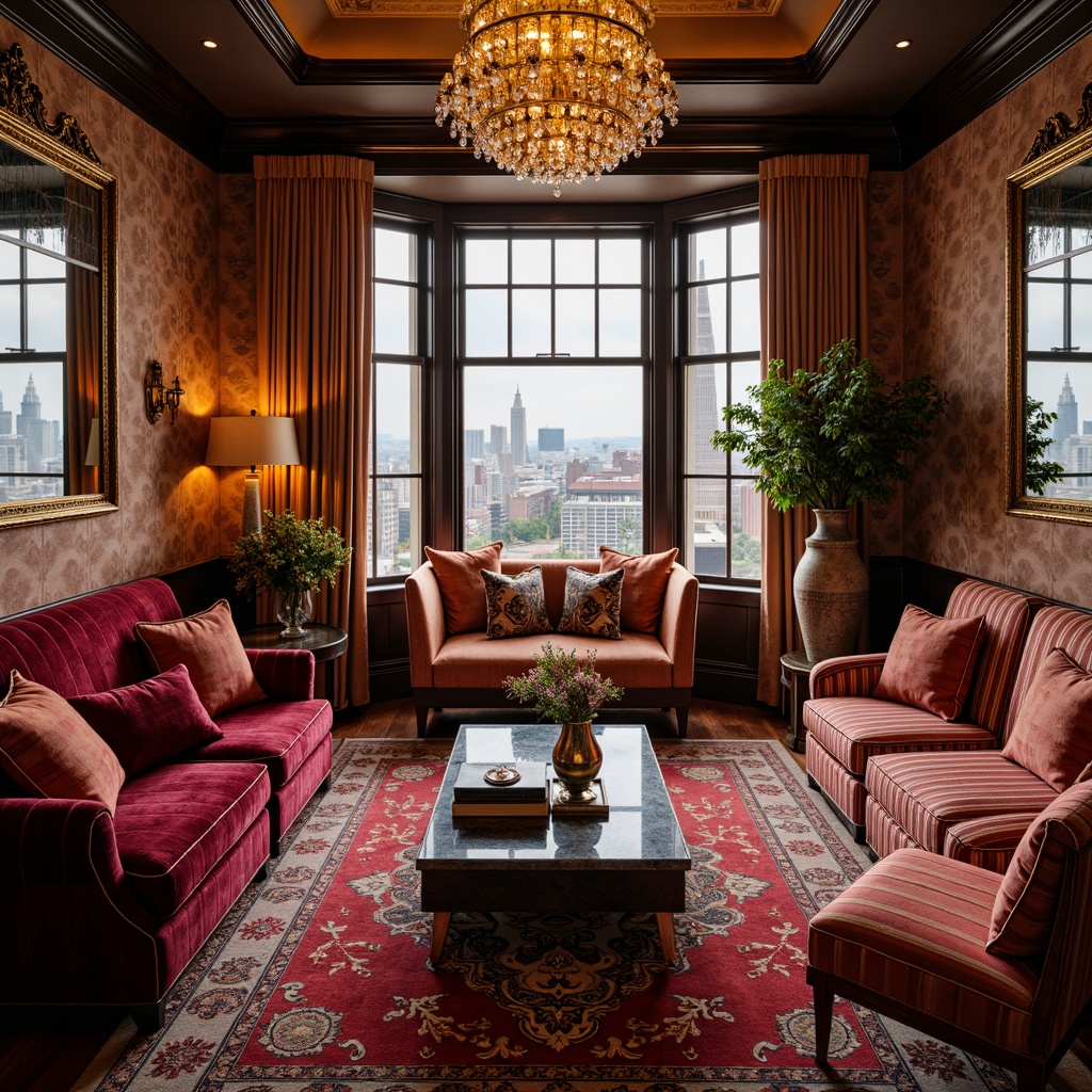 Prompt: Luxurious velvet fabrics, metallic thread embroidery, ornate geometrical patterns, bold color schemes, richly upholstered furniture, intricately carved wooden accents, glamorous mirrored surfaces, opulent crystal chandeliers, lavish flower arrangements, sophisticated cityscape views, warm golden lighting, shallow depth of field, 2/3 composition, highly detailed textures, ambient occlusion.