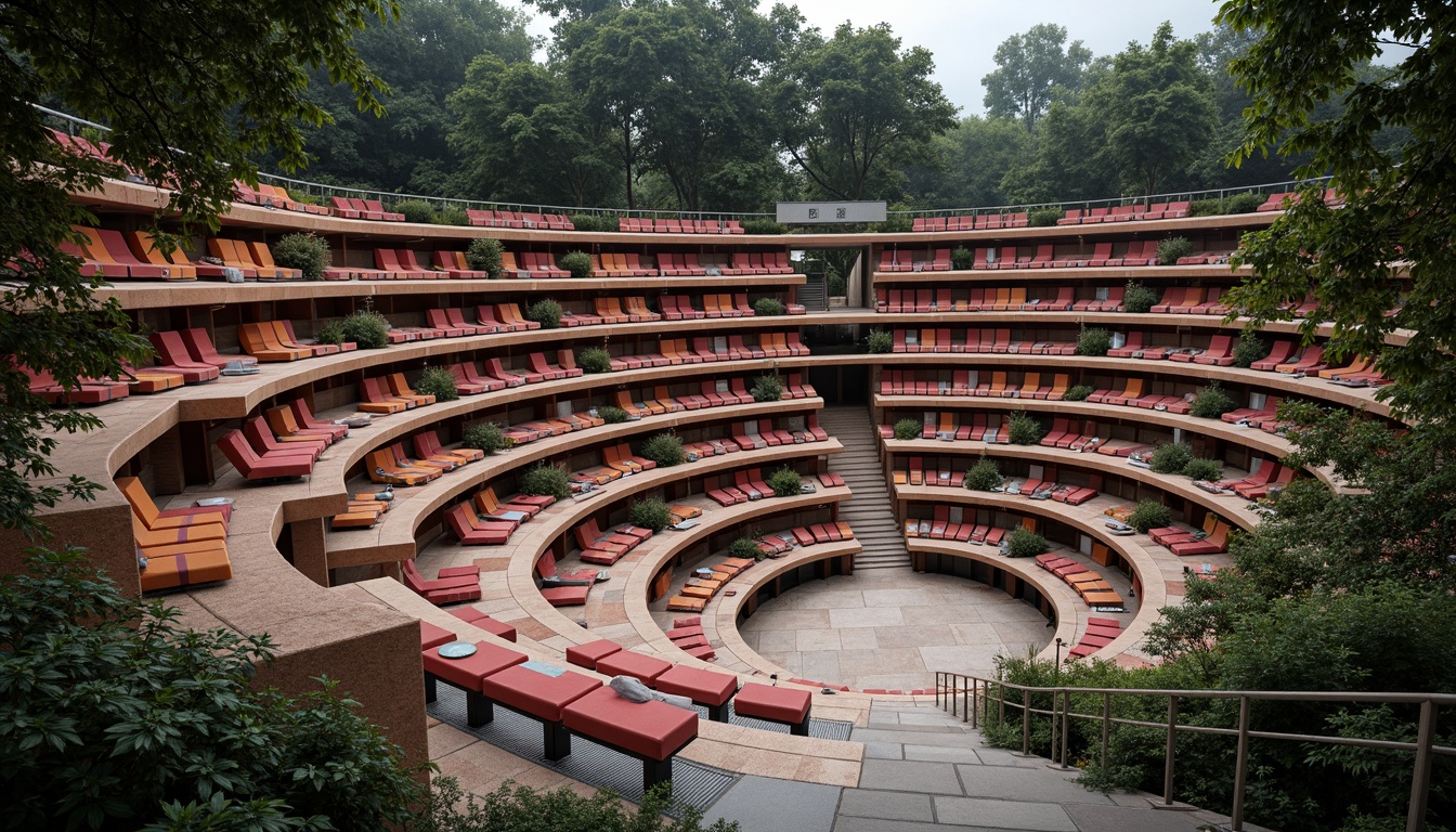 Prompt: Tiered seating, curved rows, elevated platforms, sleek metal railings, wooden benches, vibrant cushions, geometric patterns, modern amphitheater design, open-air performance space, lush green surroundings, natural stone walls, dramatic lighting effects, warm color scheme, shallow depth of field, 1/2 composition, panoramic view, realistic textures, ambient occlusion.