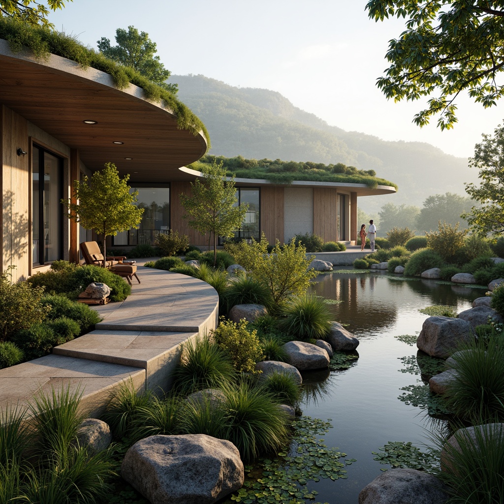 Prompt: Seamless landscape integration, organic architecture, natural stone walls, curved green roofs, earthy tones, harmonious blending, rustic wooden accents, native plant species, meandering pathways, serene water features, gentle streams, tranquil ponds, scenic overlooks, misty mornings, warm sunlight, soft focus, shallow depth of field, 2/3 composition, cinematic views, realistic textures, ambient occlusion.